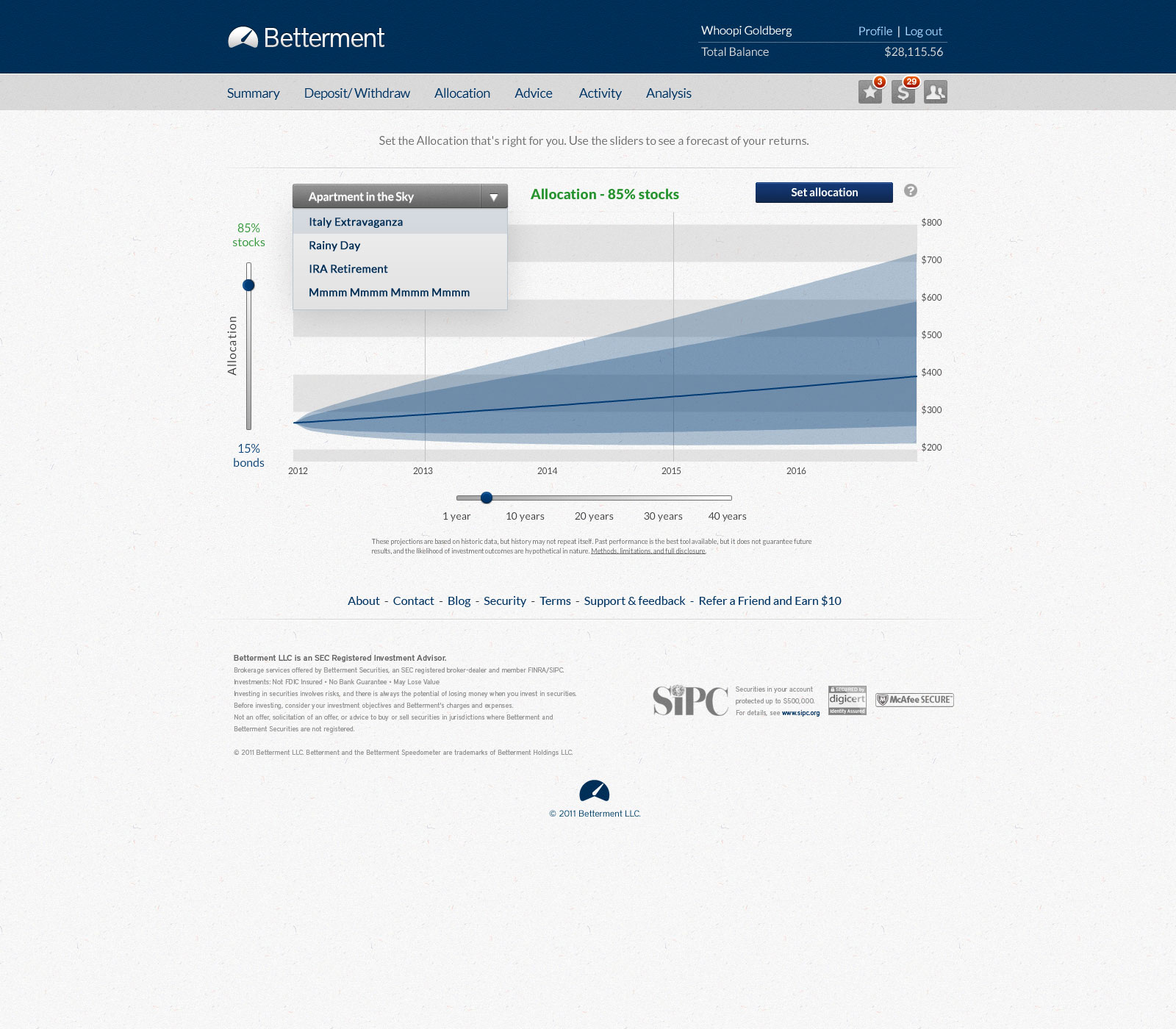 Betterment allocation screen with an open selector for multiple investment goals