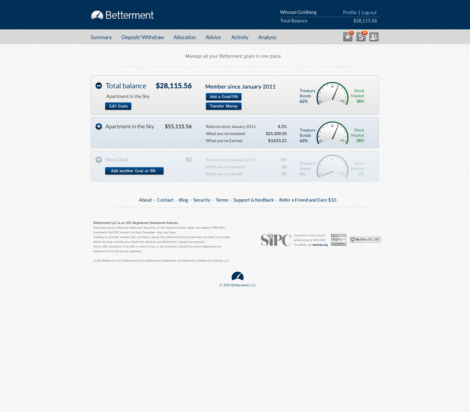 Betterment goal management screen showing multiple accounts and an add-goal state