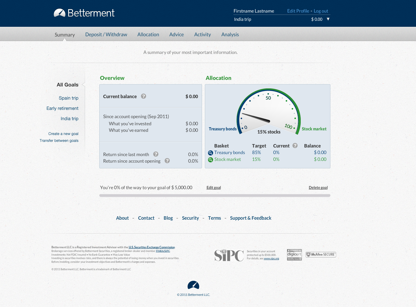 Betterment multiple-goals navigation concept with account overview and combined allocation
