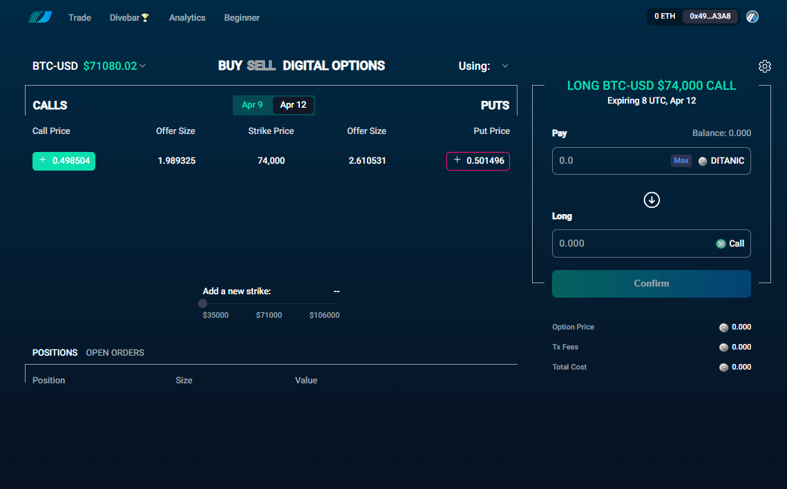 Divergence Protocol interface for buying digital call and put options