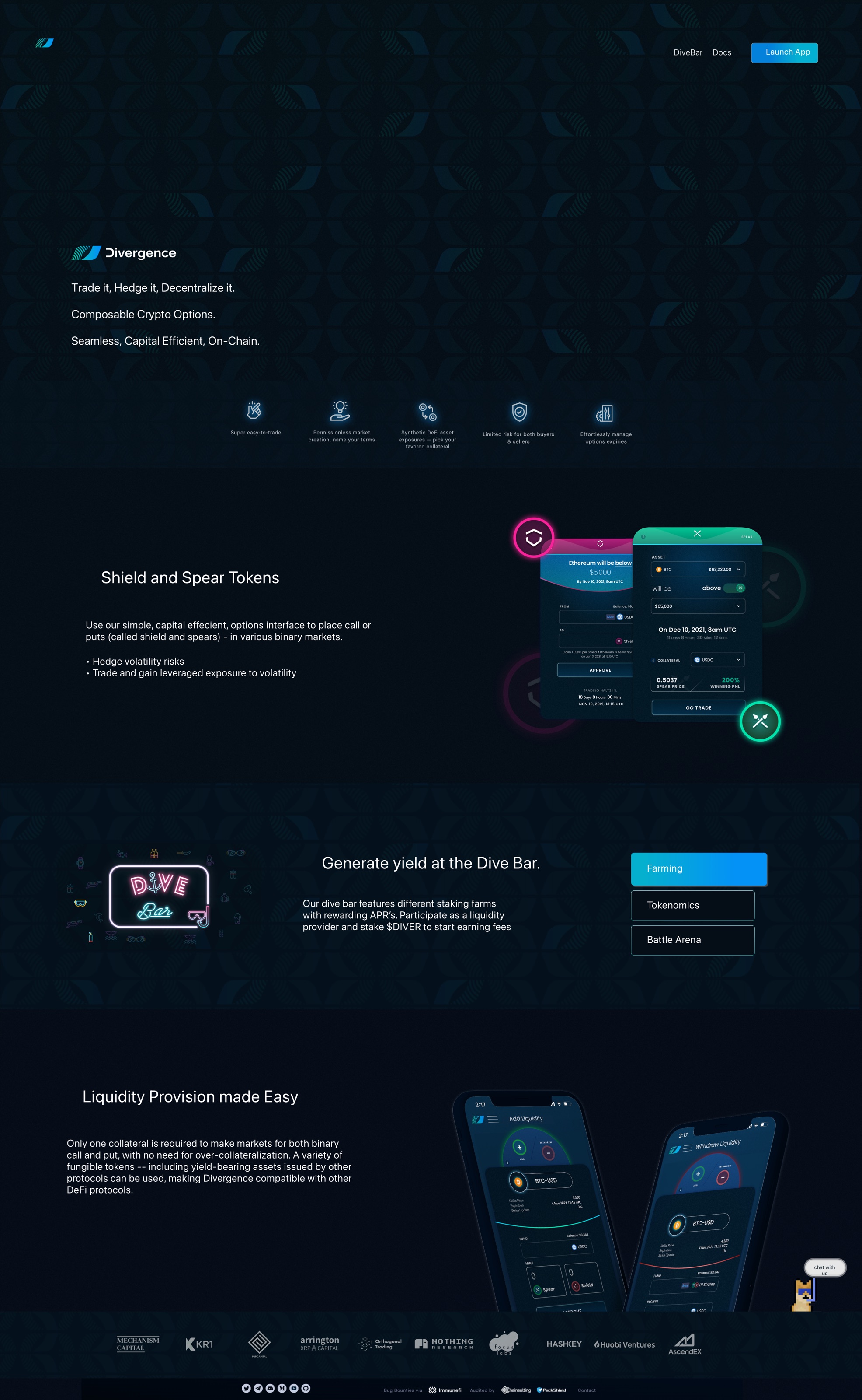 Divergence Protocol desktop launch page connecting options, liquidity, and the Dive Bar