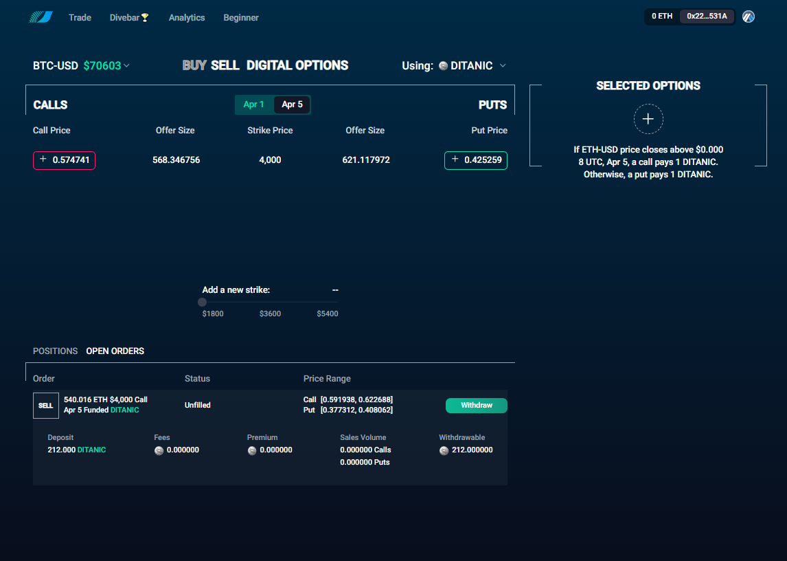 Divergence Protocol open-orders interface with position exposure and withdrawal details