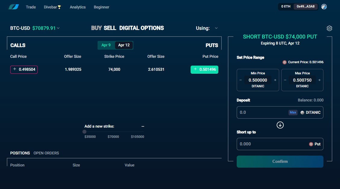 Divergence Protocol interface for selling digital options across a custom price range