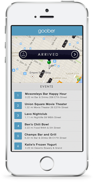 Goober nearby events and Uber arrival interface