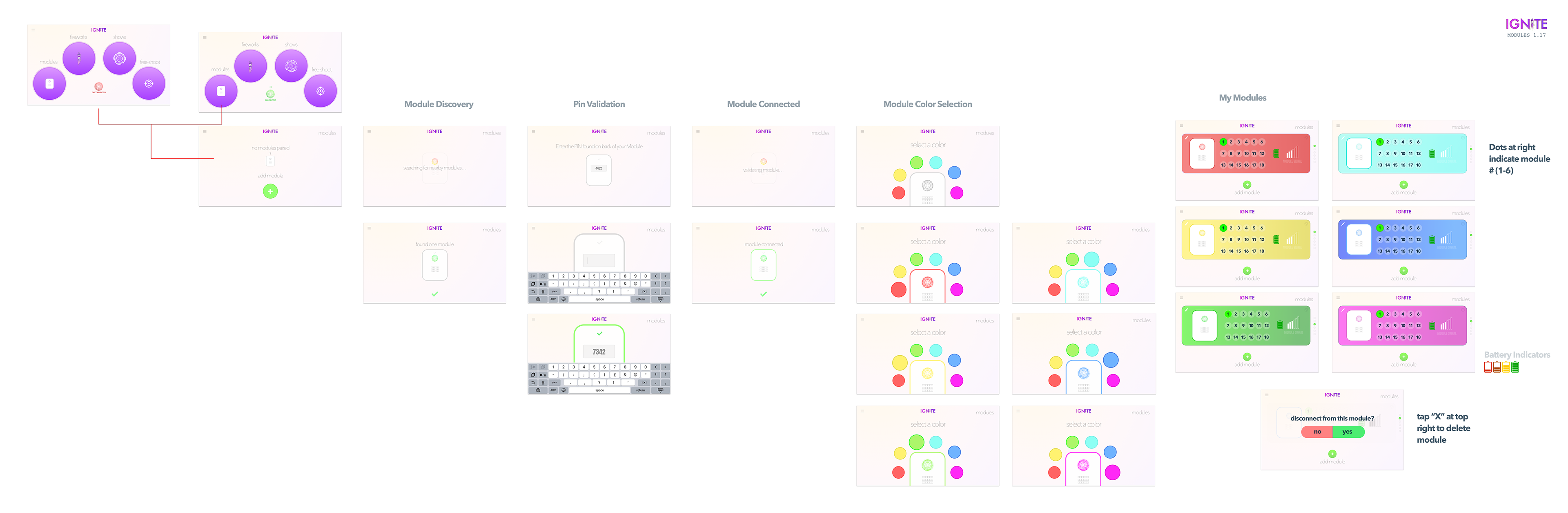 IGNITE module discovery, pairing, and color-assignment flow