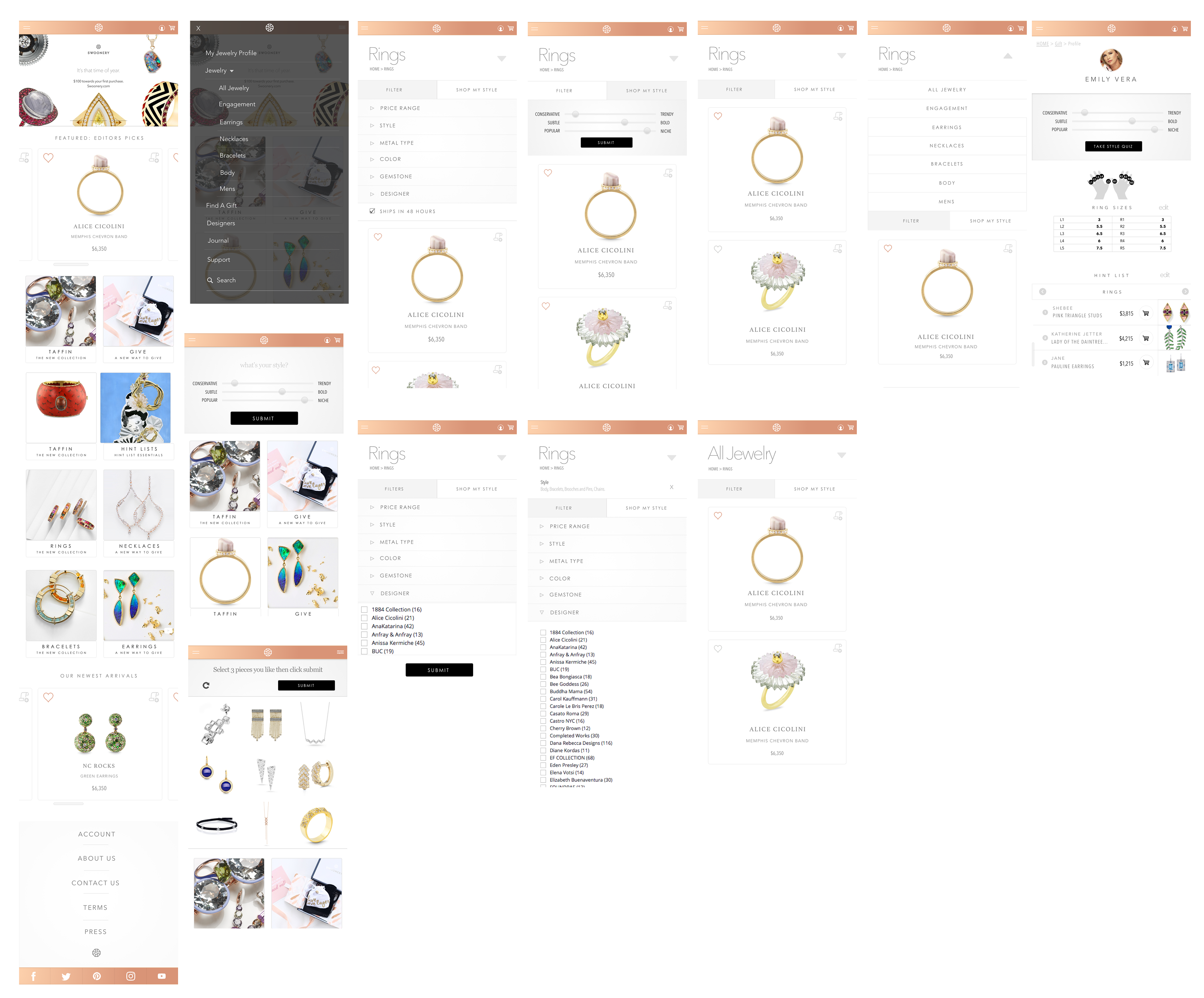 Swoonery responsive jewelry discovery system with navigation, filters, style guidance, product cards, and customer profile