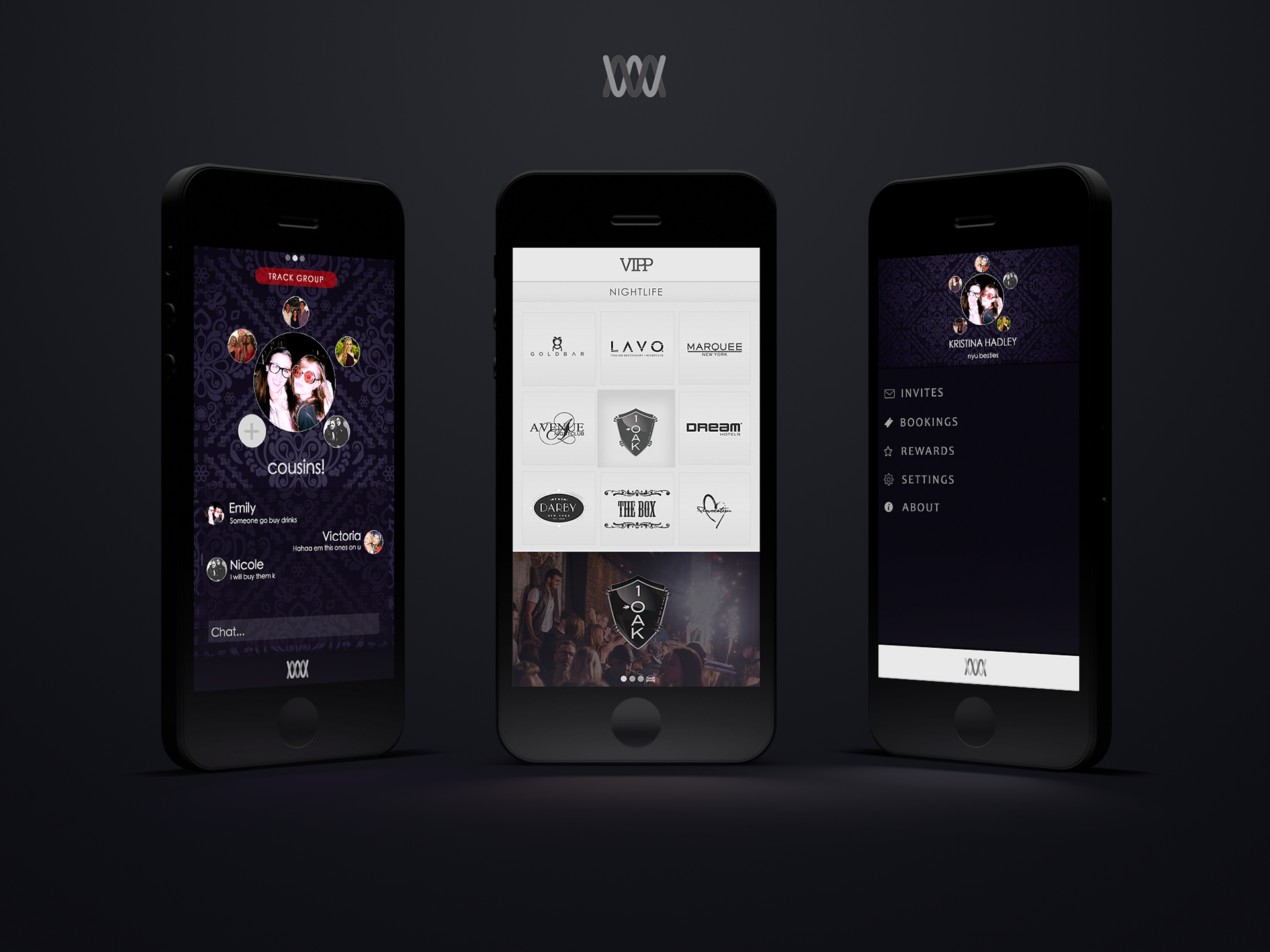 VIPP nightlife interface system for groups, venues, and account navigation
