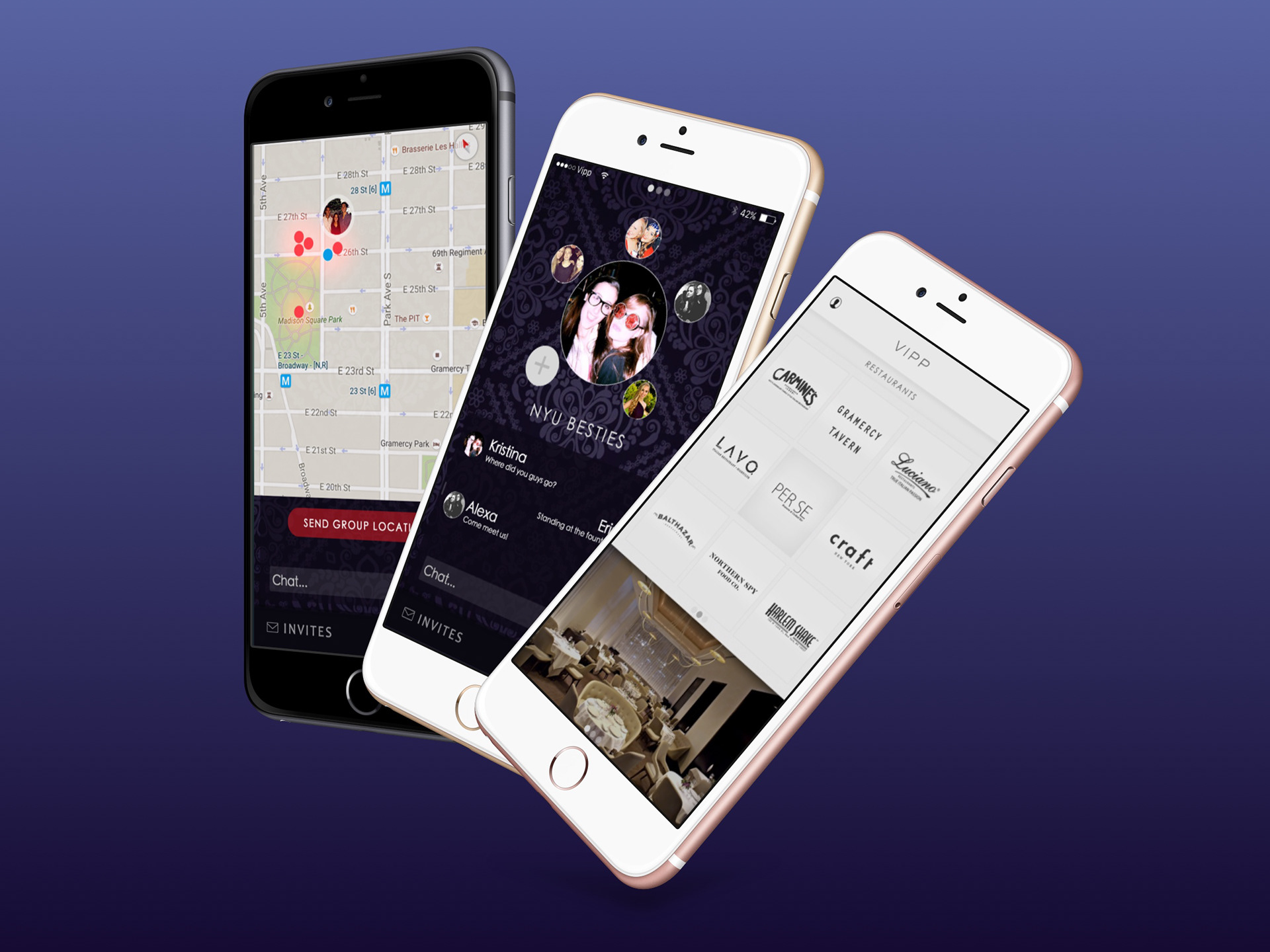VIPP nightlife product overview across group tracking, venue discovery, and location sharing