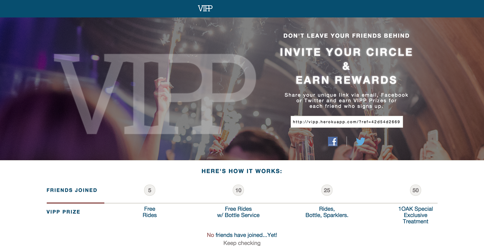 VIPP referral rewards campaign and milestone system