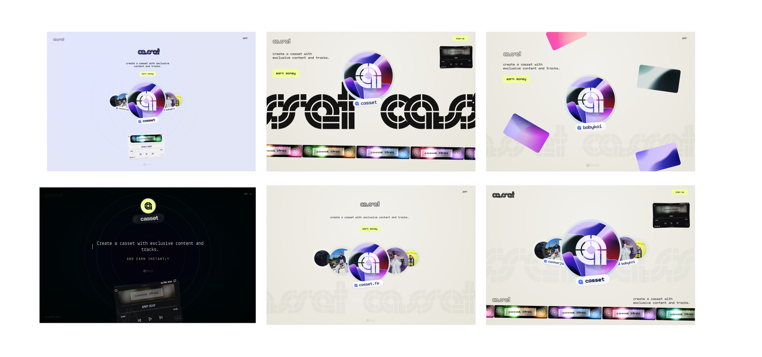 Casset early brand exploration - six landing-page directions for the iridescent disc identity