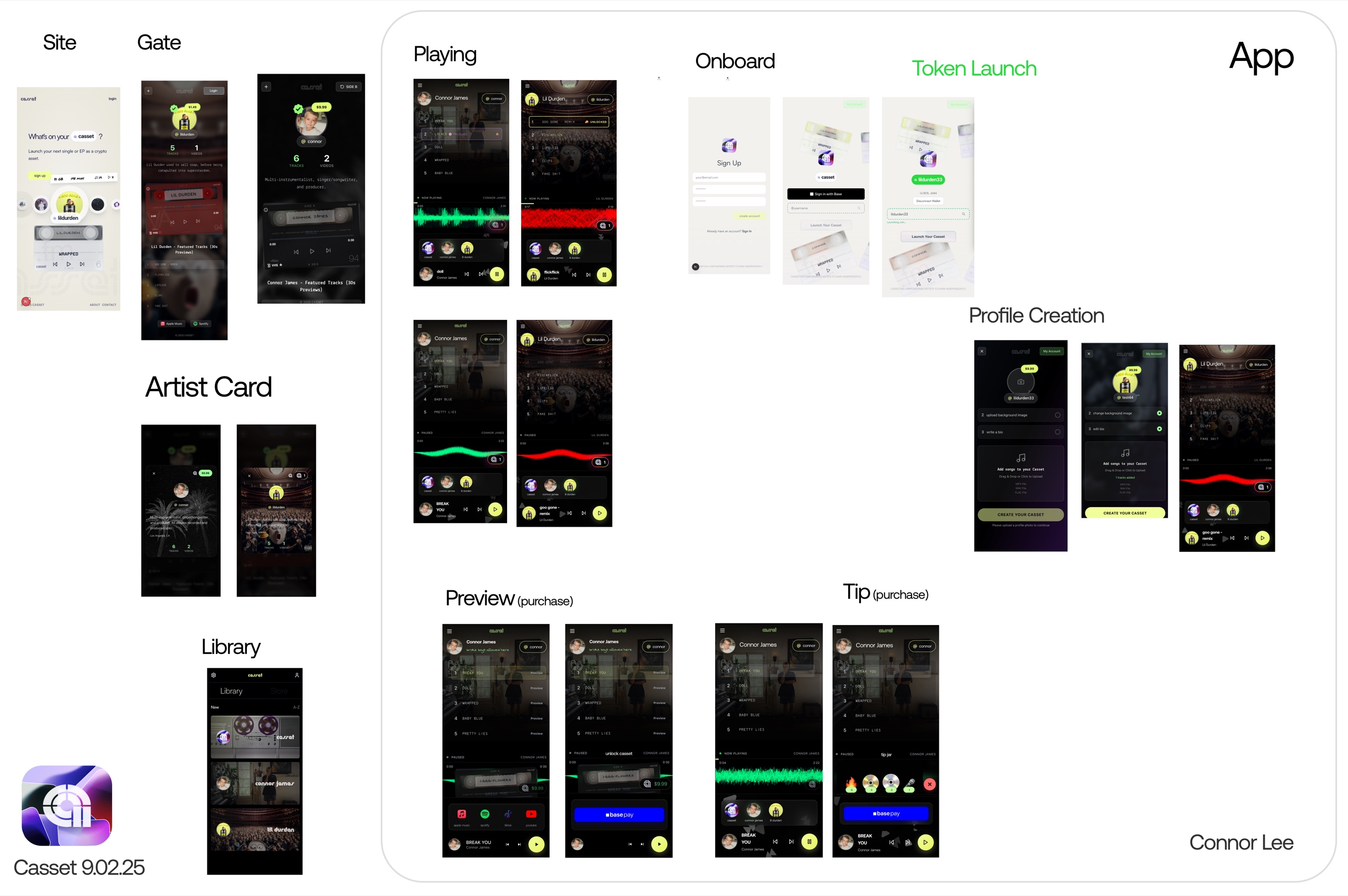 Casset full UX board - site, gate, playing, onboarding, token launch, profile creation, preview, tip, and library flows