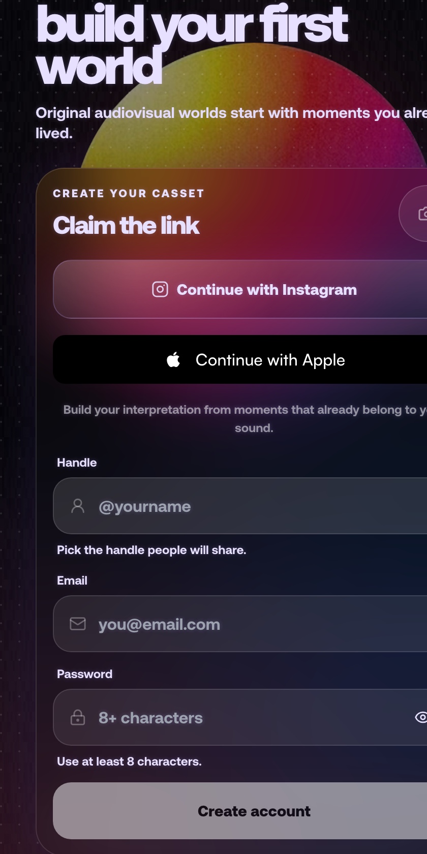 casset.fm - Create your casset: claim the link, continue with Apple or Instagram, pick a handle