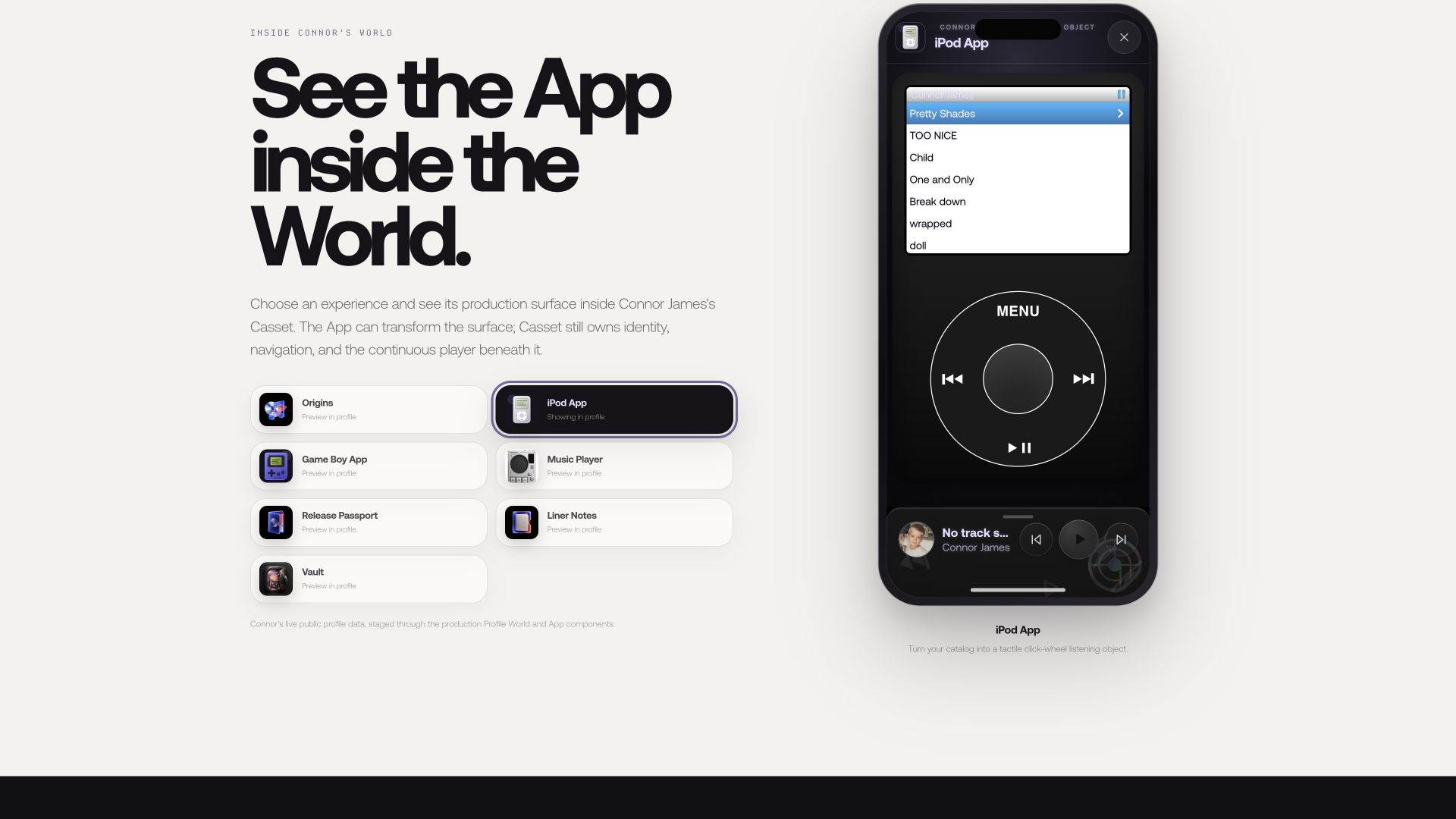 Casset App Store showing the iPod App running inside Connor James's production Profile World