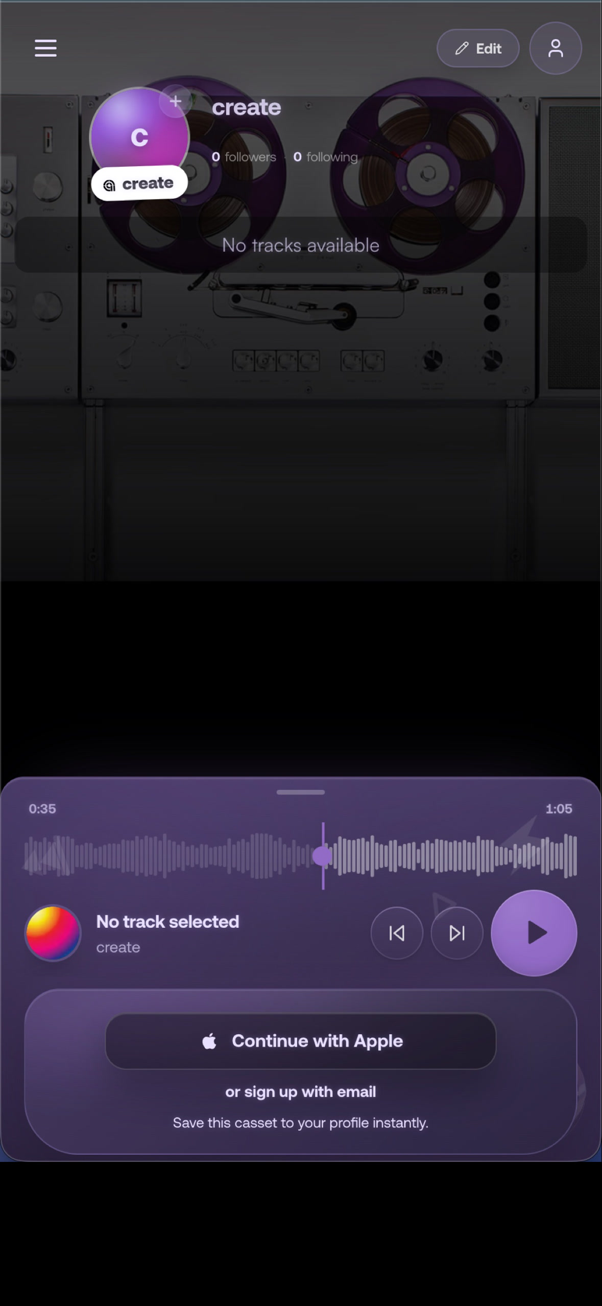 casset.fm - Create your casset: claim the link, continue with Apple or email, and save the new artist world