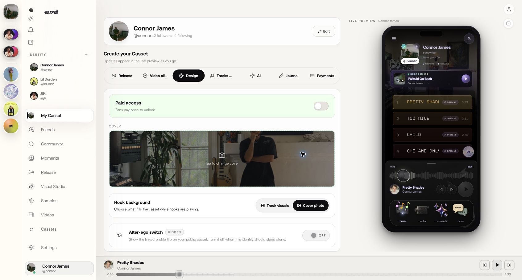 Creator workspace with identity switcher, design controls, and a live artist-app preview