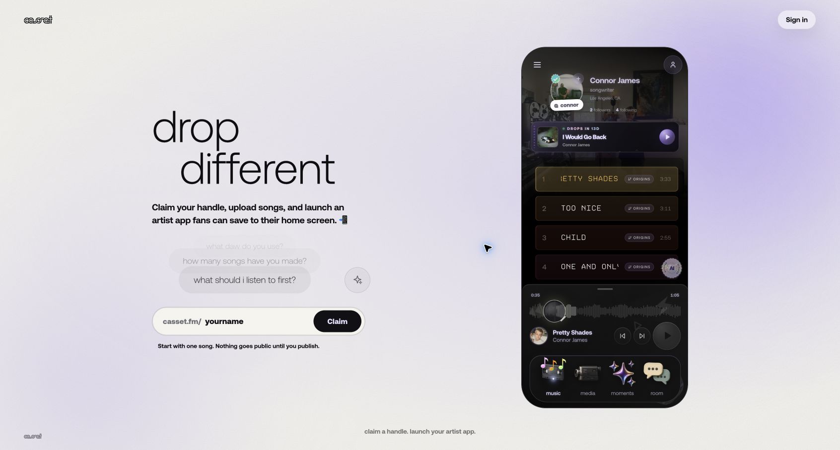 Casset landing page and artist-world preview