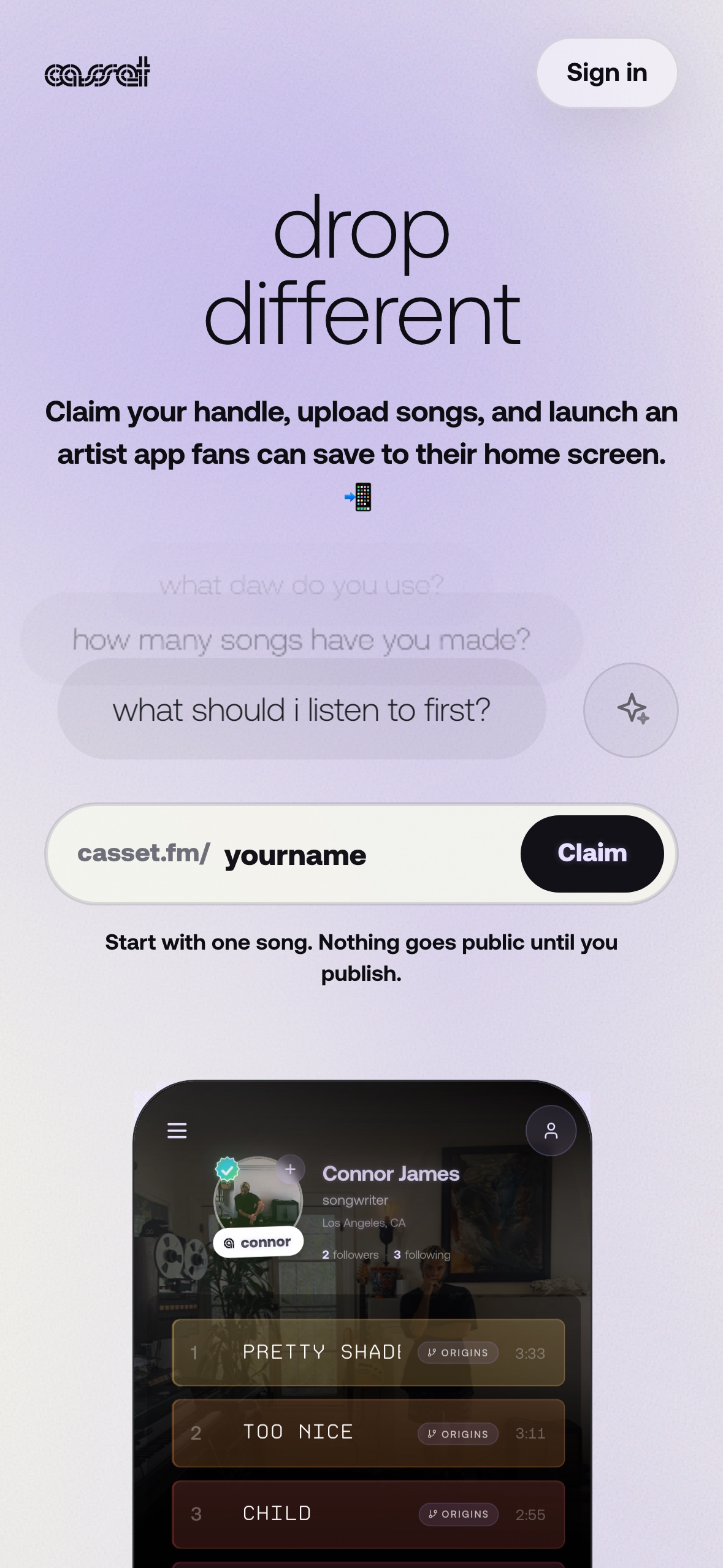 Live mobile Casset acquisition page with handle claim and artist-app preview