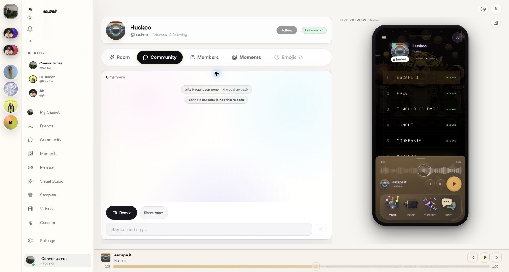Huskee community workspace with Room, members, moments, and live artist-app preview