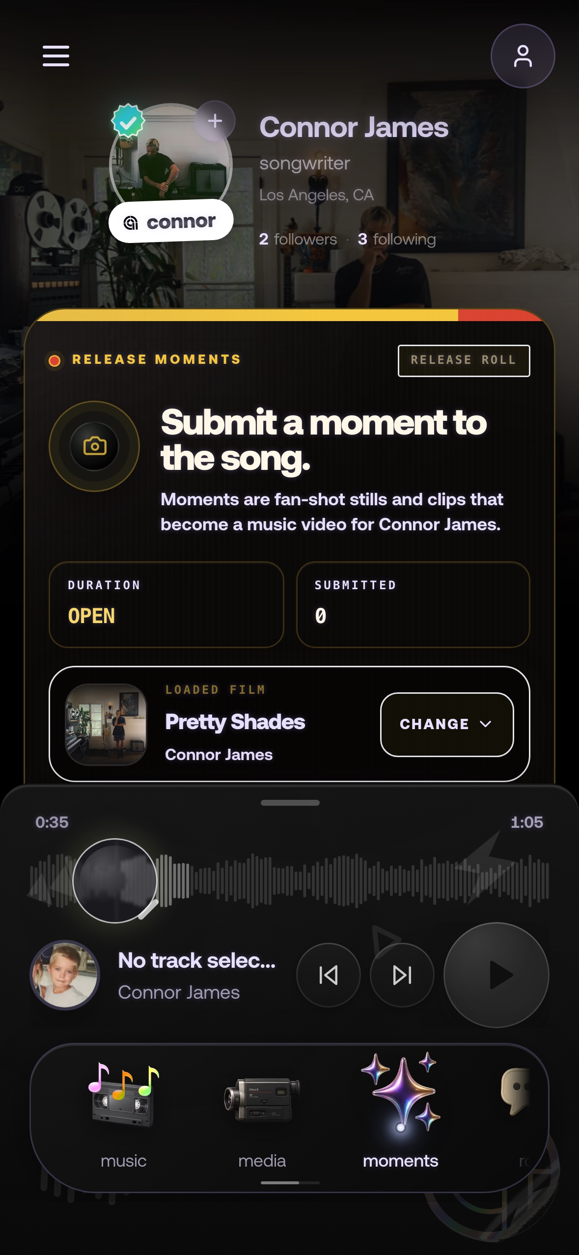 Casset Moments tab with fan-shot stills, clips, and release memories