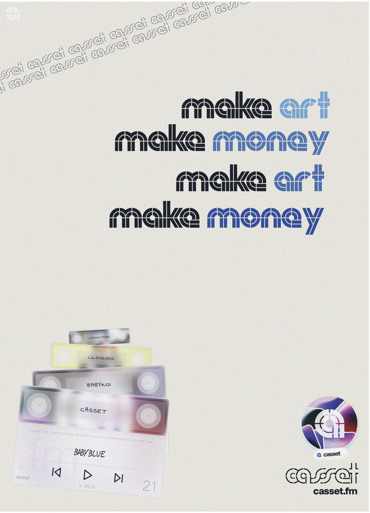 Early Casset brand poster with repeated cassette lettering and artist tapes