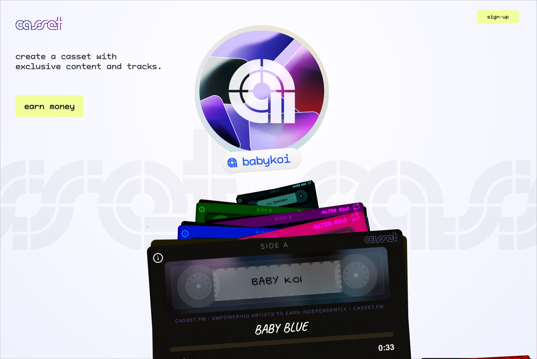 Early Casset landing concept with artist cassette world and earn-money call to action