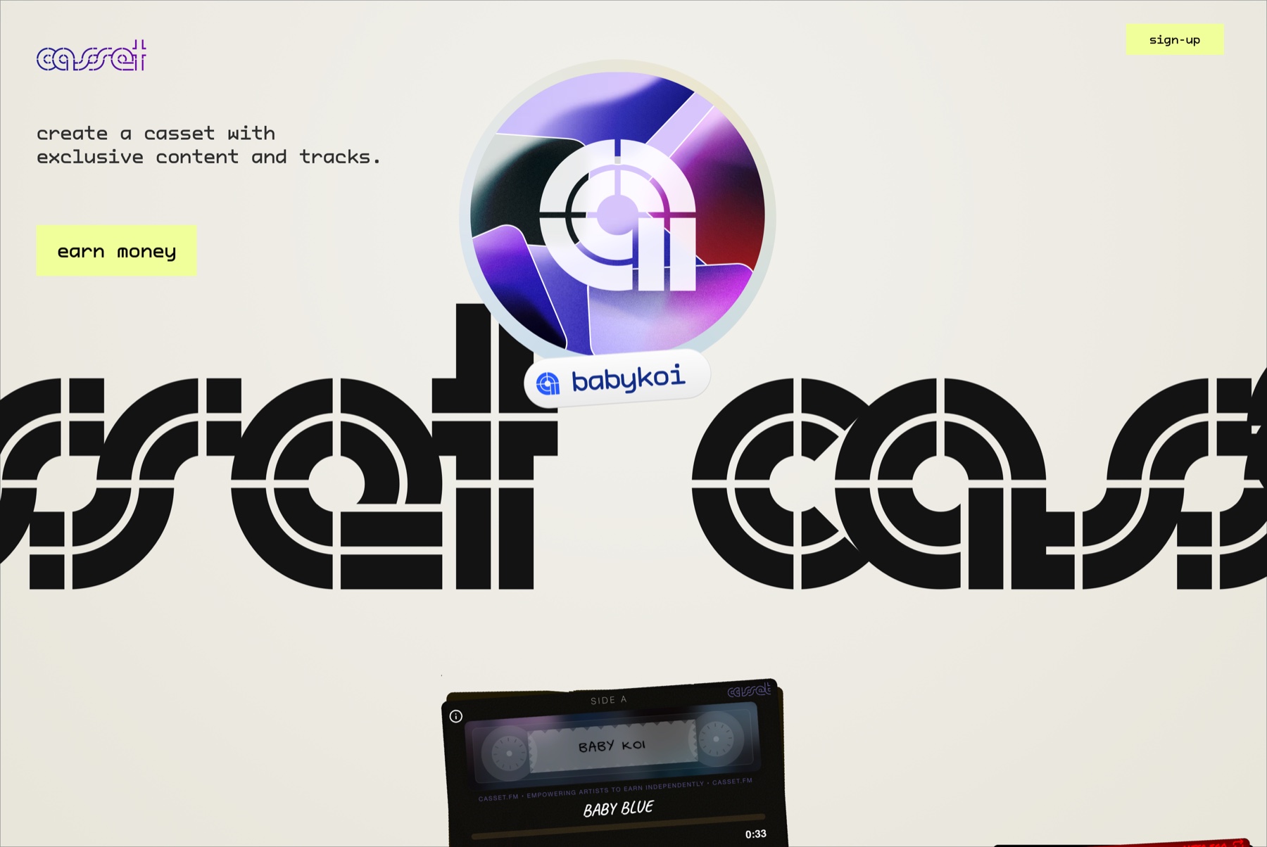 Early Casset landing concept with oversized cassette lettering and artist world
