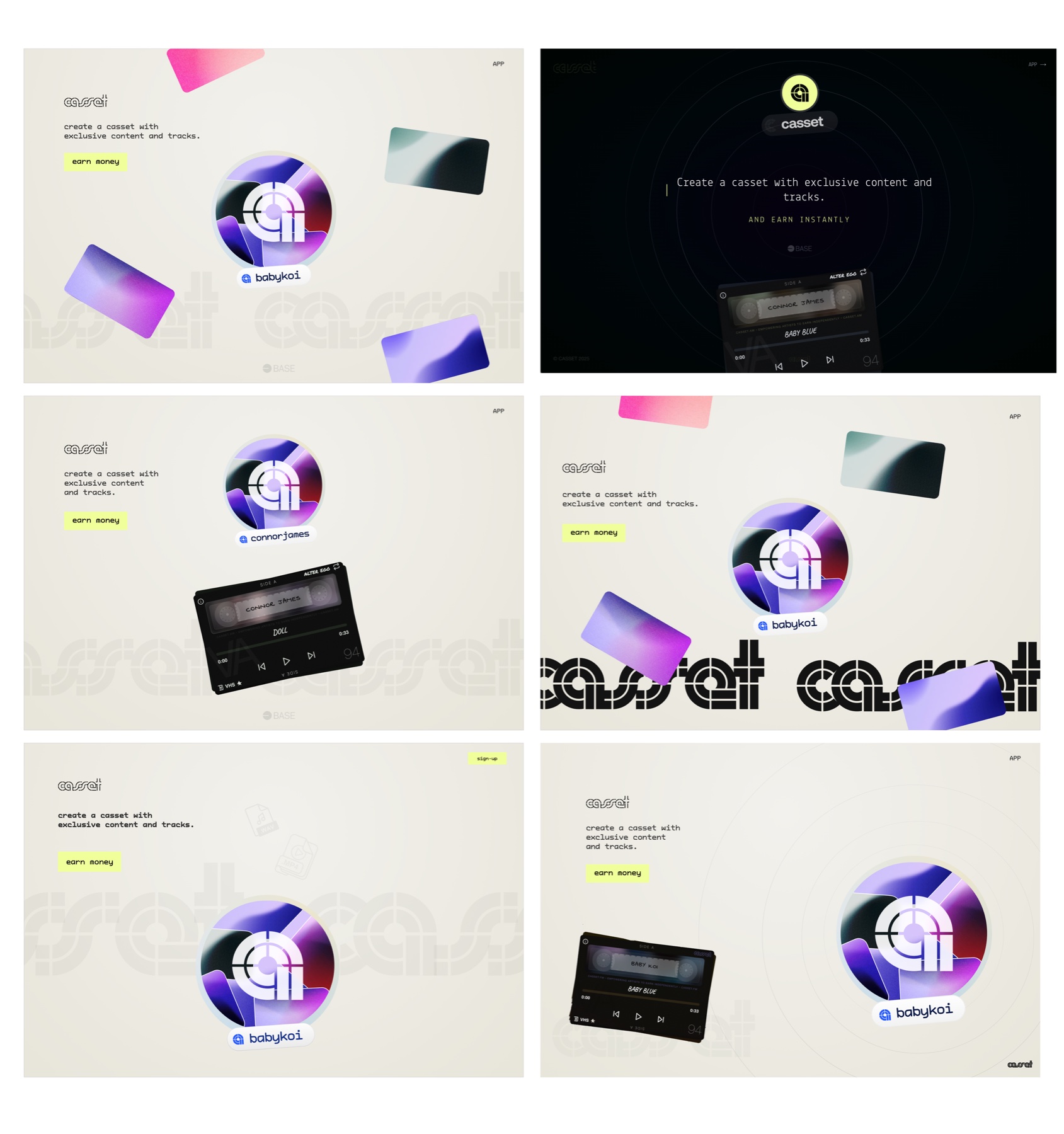 Early Casset landing and app concept explorations across light and dark directions