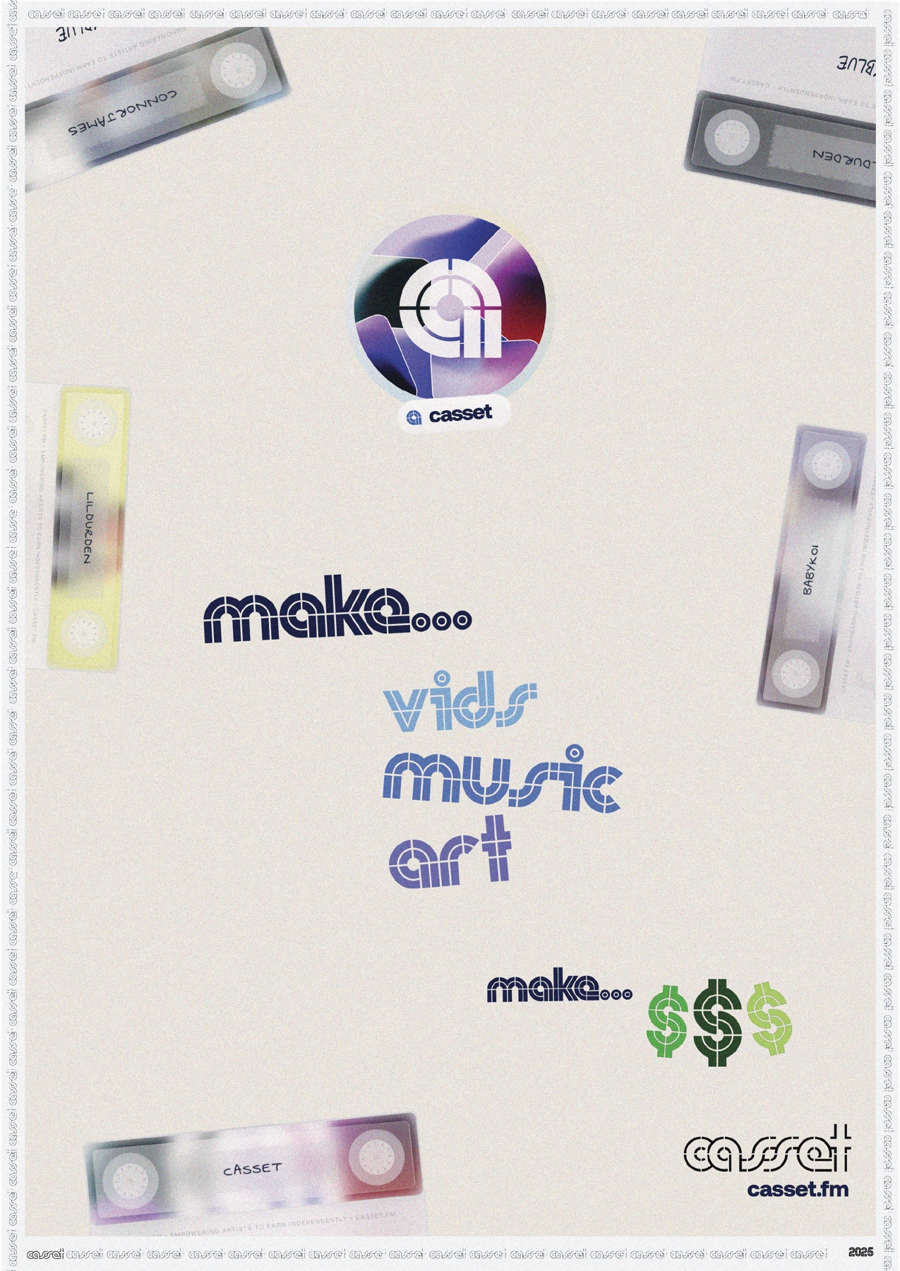 Early Casset poster with the first mark, artist tapes, and brand language