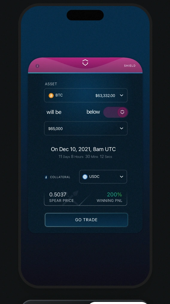 Divergence Shield mobile interface with BTC, below-price outcome, strike, expiry, and USDC collateral