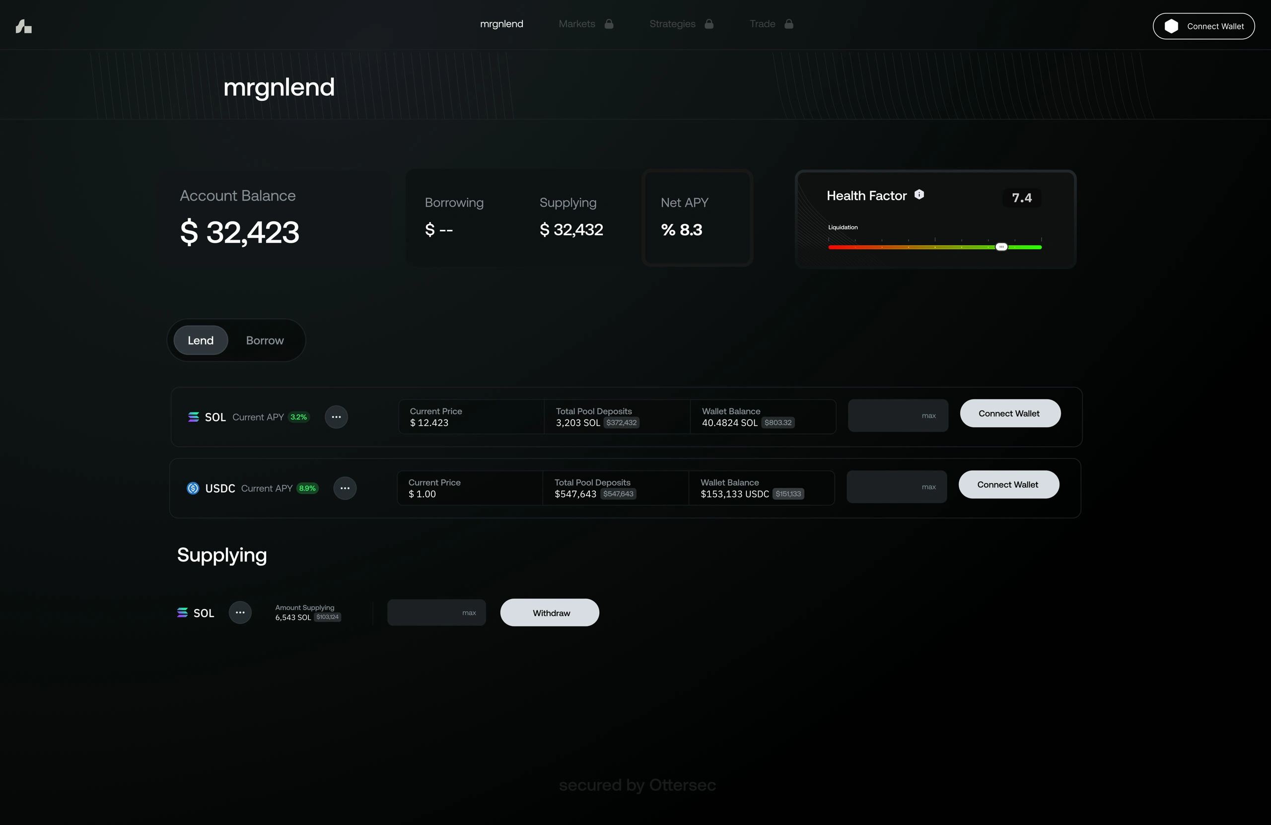mrgnlend borrowing and lending interface with Health Factor and asset rows