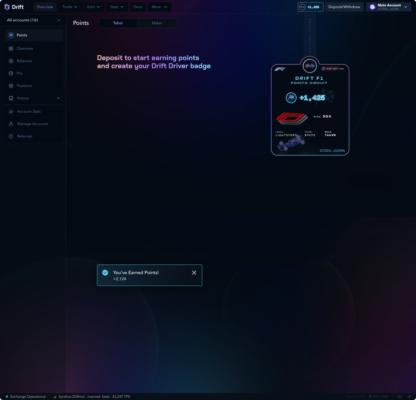 Drift points entry state prompting a deposit to begin earning