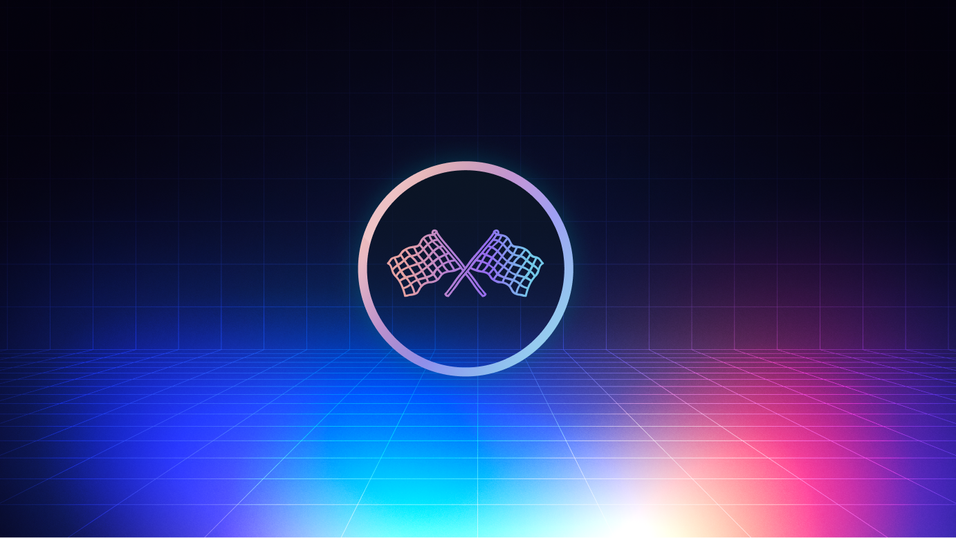 Drift points crossed-flags identity staged on a neon racing grid