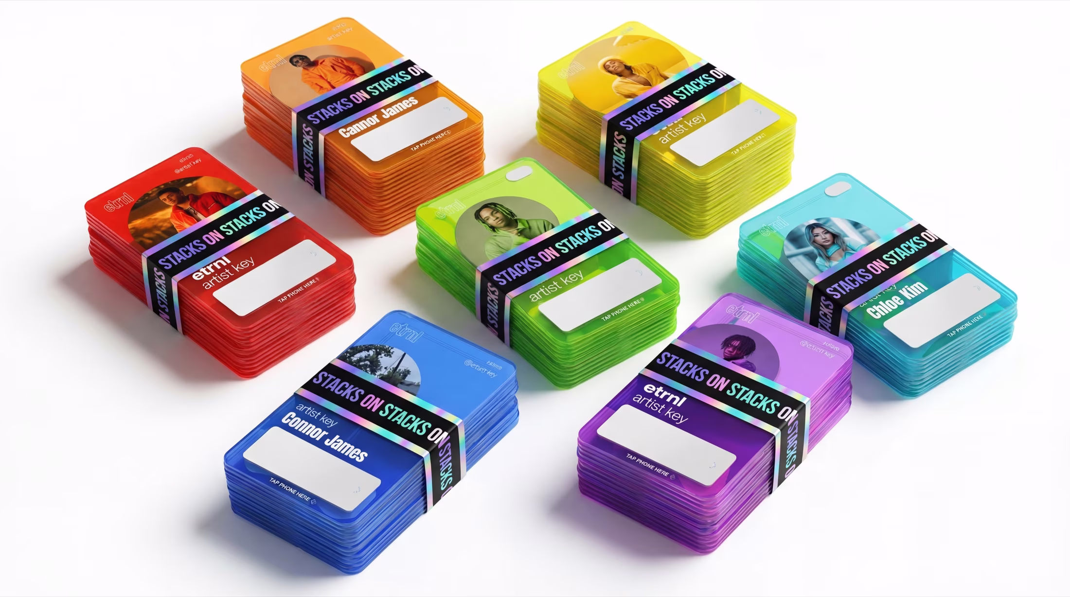 ETRNL collectible card stacks across seven color series