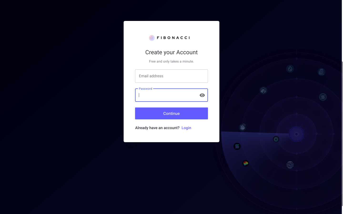 Fibonacci account creation screen
