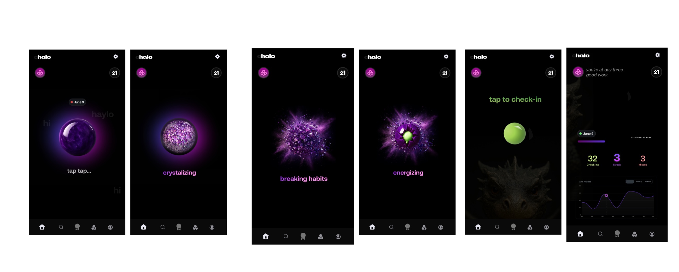 Habit Halo home - orb check-in states and streak dashboard