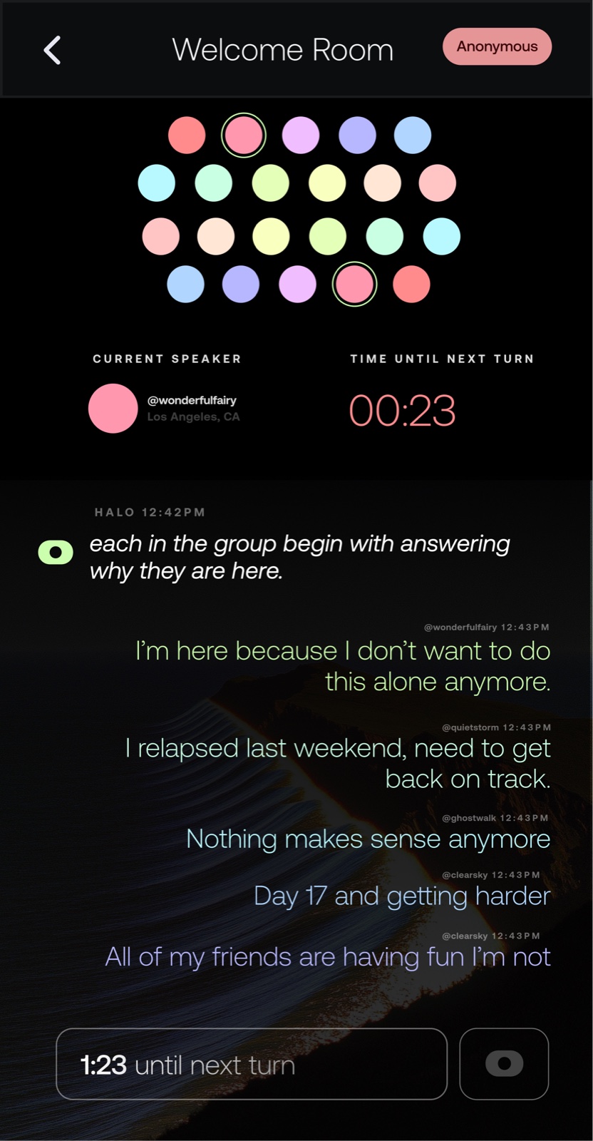 Habit Halo Welcome Room - turn-based anonymous group session