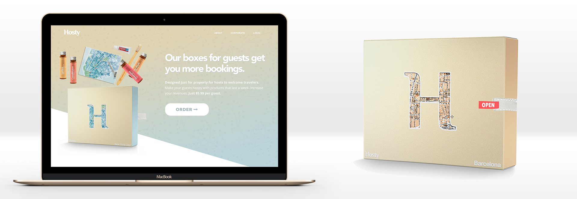 Hosty Club ecommerce experience and Barcelona welcome-kit packaging