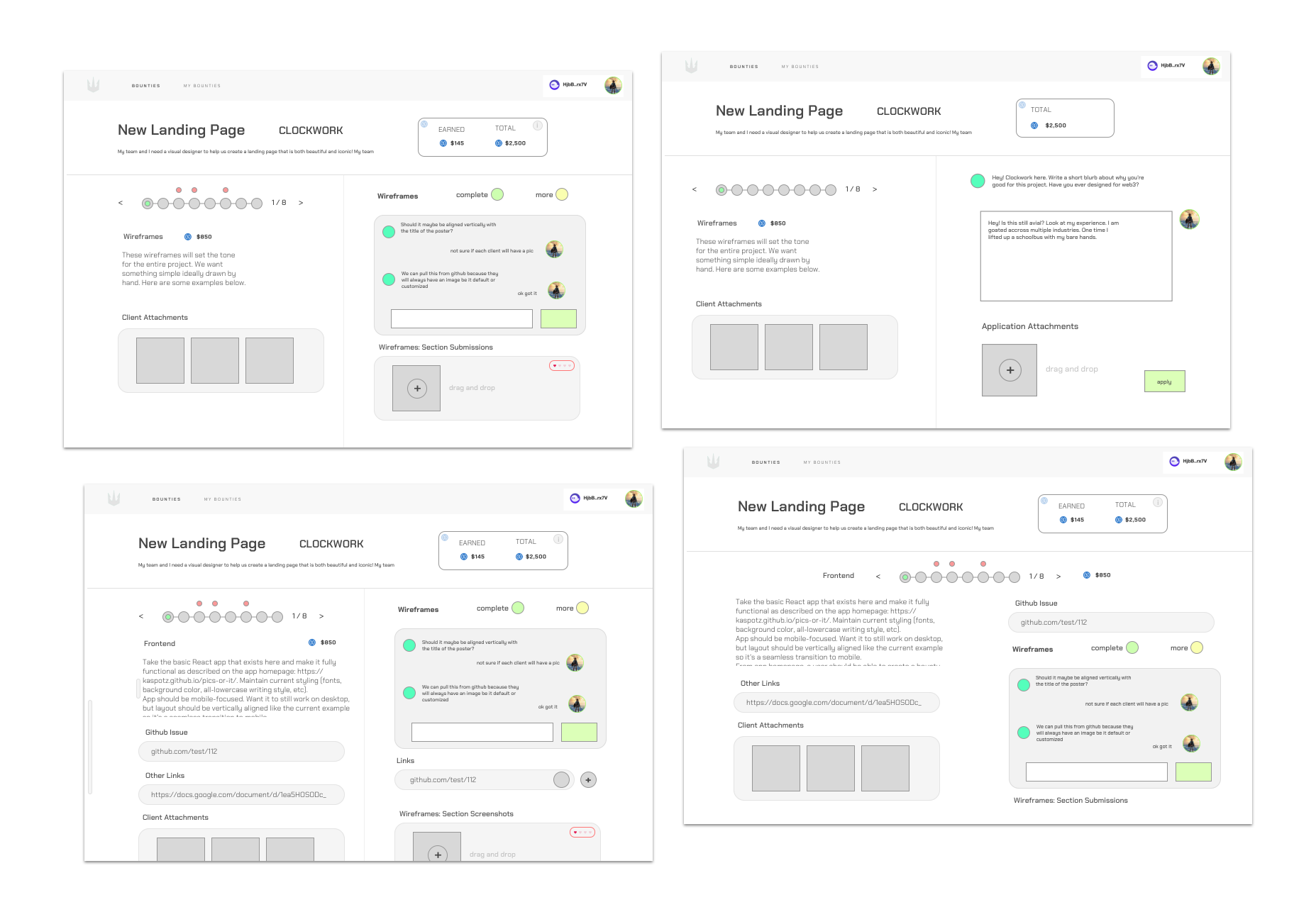 Lancer active-work experience with milestones, payout, conversation, attachments, and submissions