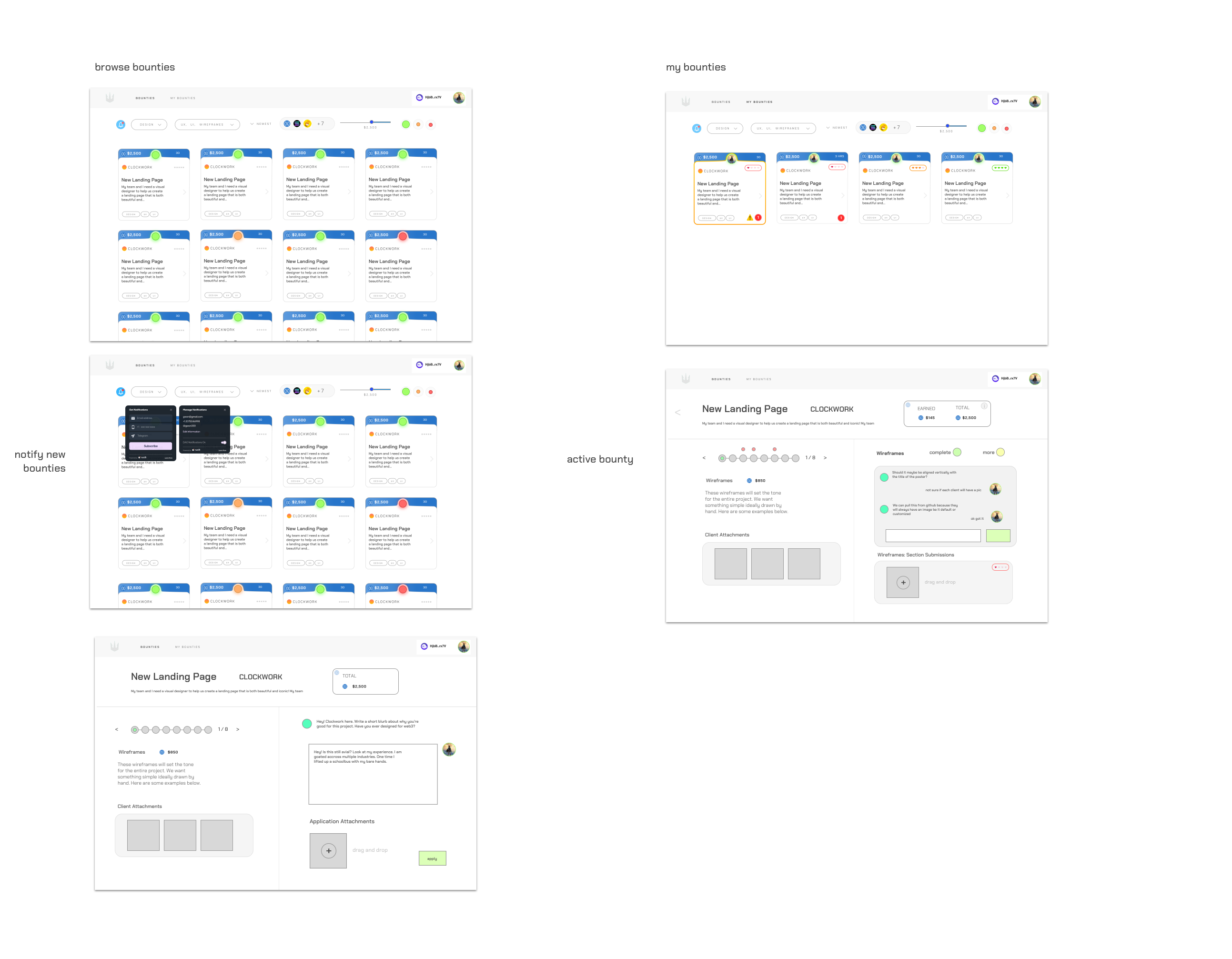 Lancer marketplace flows from browsing and notifications through applications and active work