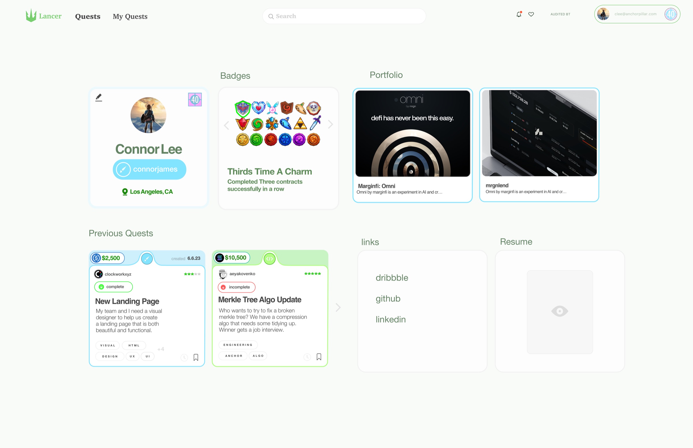 Lancer freelancer profile with badges, portfolio, and previous quests