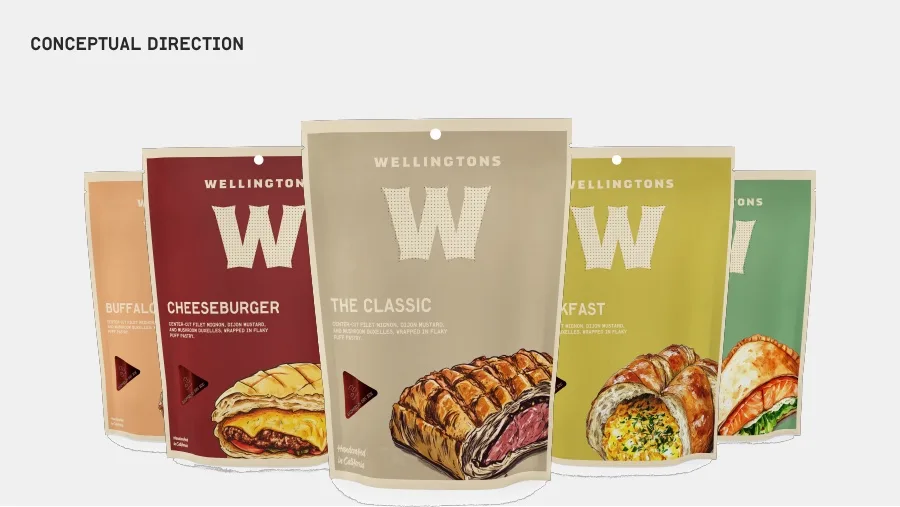 Wellingtons conceptual packaging direction in a warm paper and color-coded food system