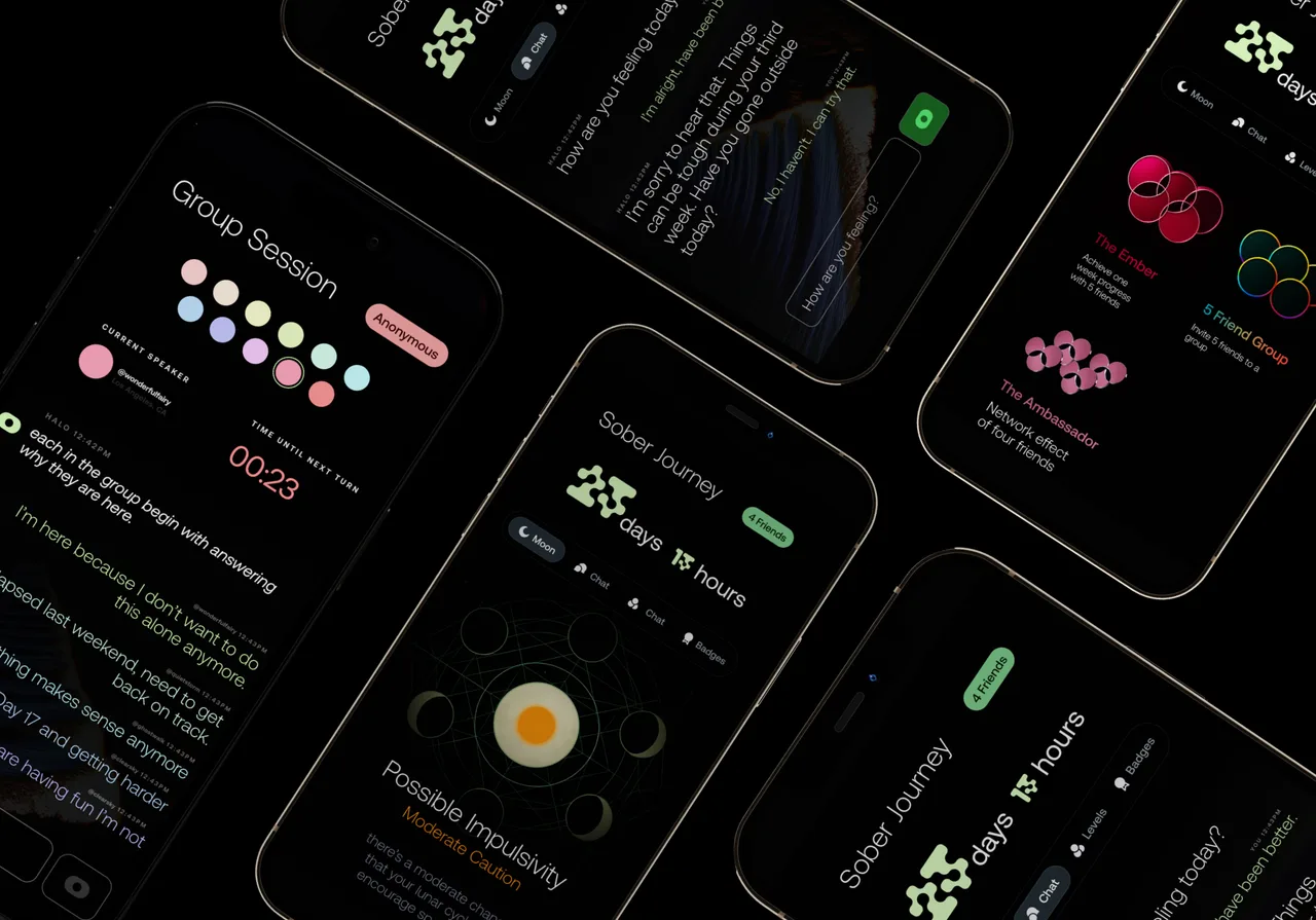 Habit Halo product world showing the Sober Journey app experience