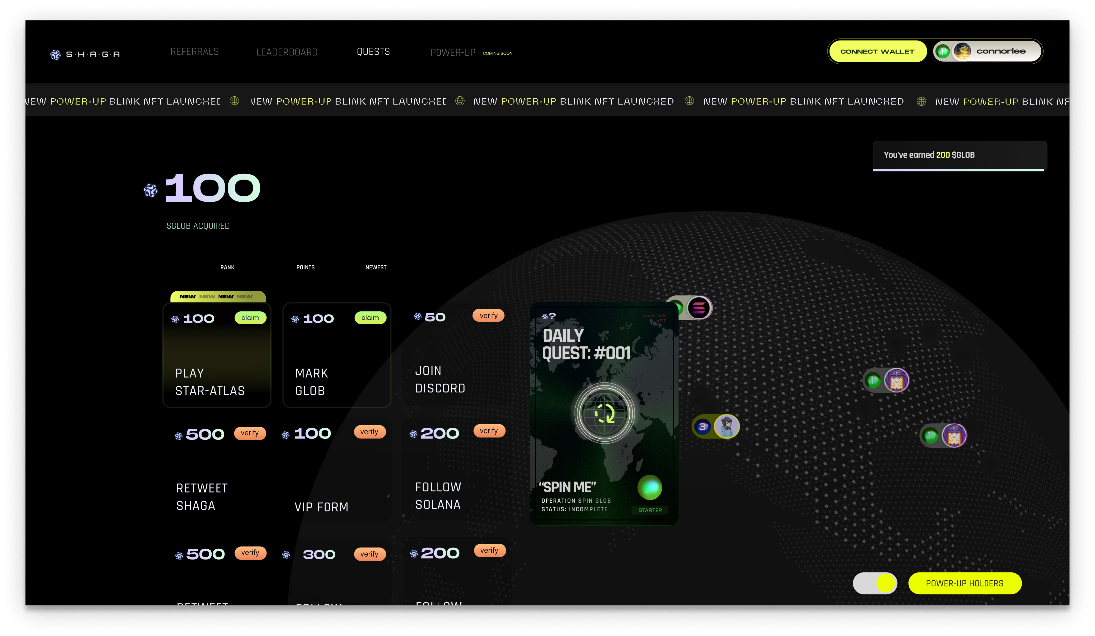 Shaga Glob quest dashboard