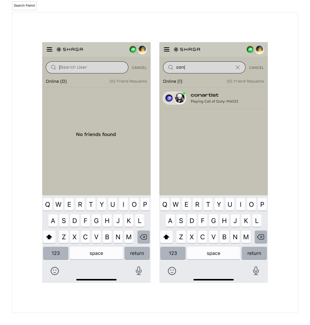 Shaga friend-search empty and result states