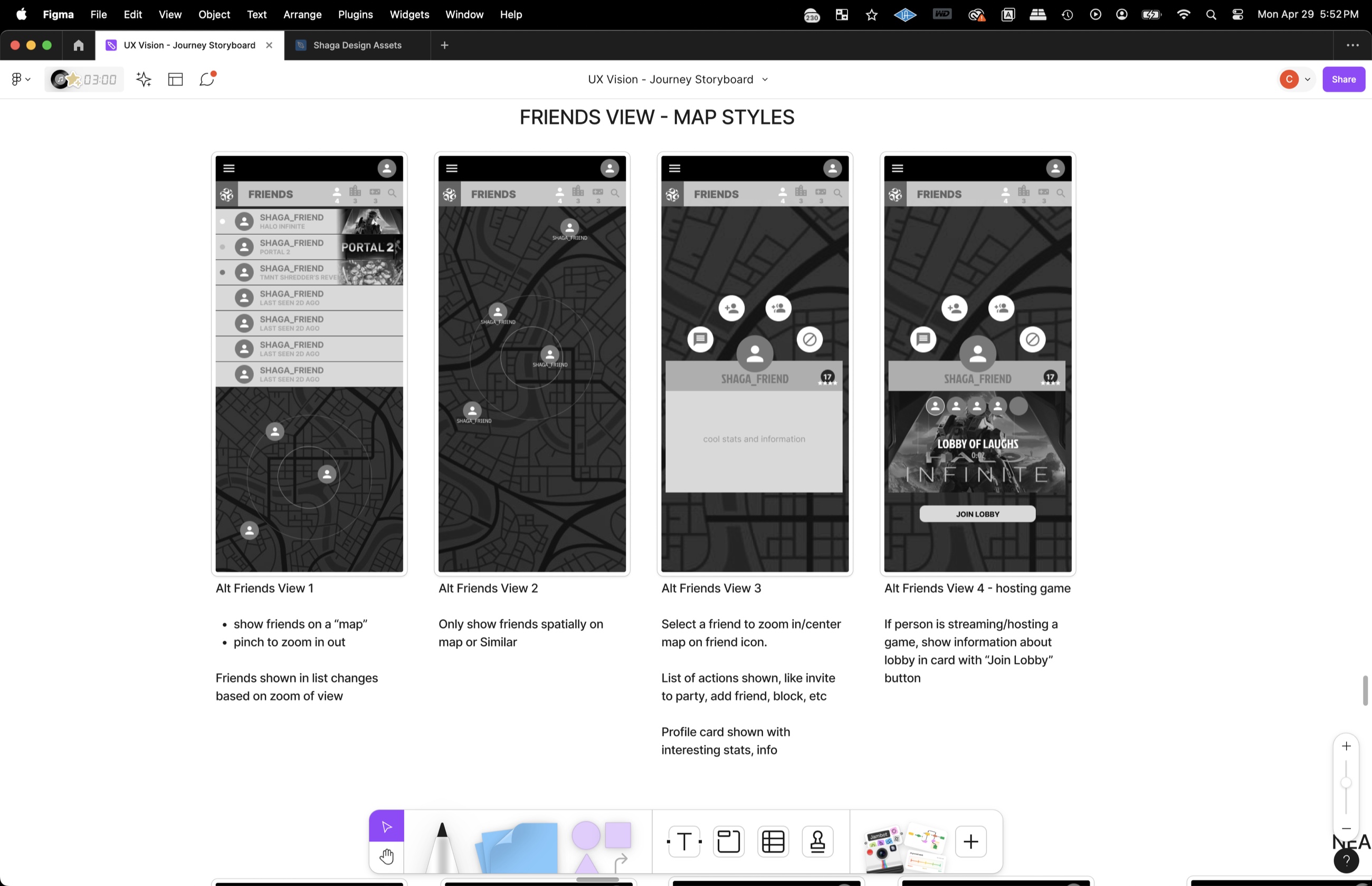Early Shaga friend discovery wireframes comparing list, map, selected-player, and live-lobby models