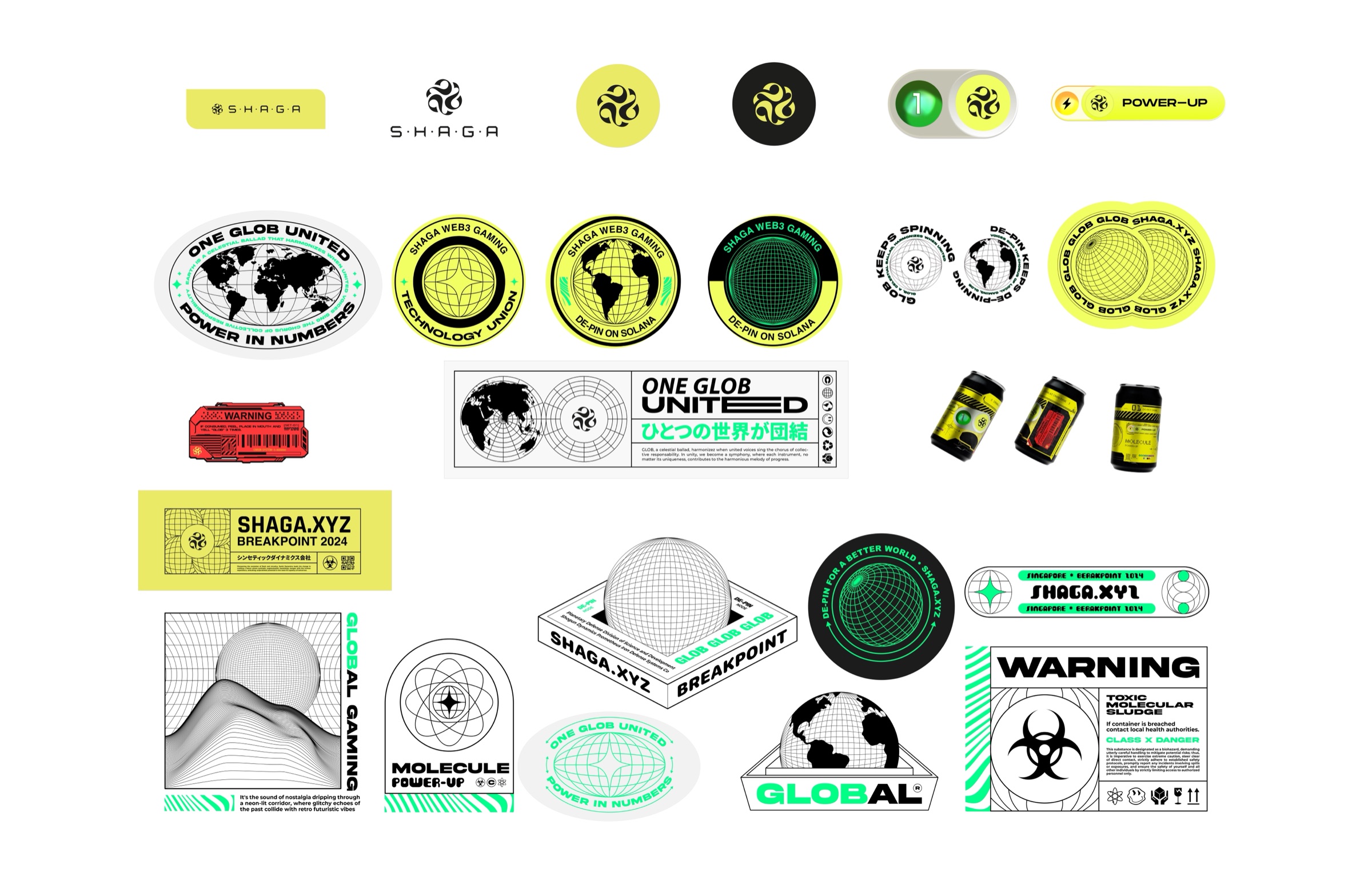 Shaga Glob identity, stickers, and status objects