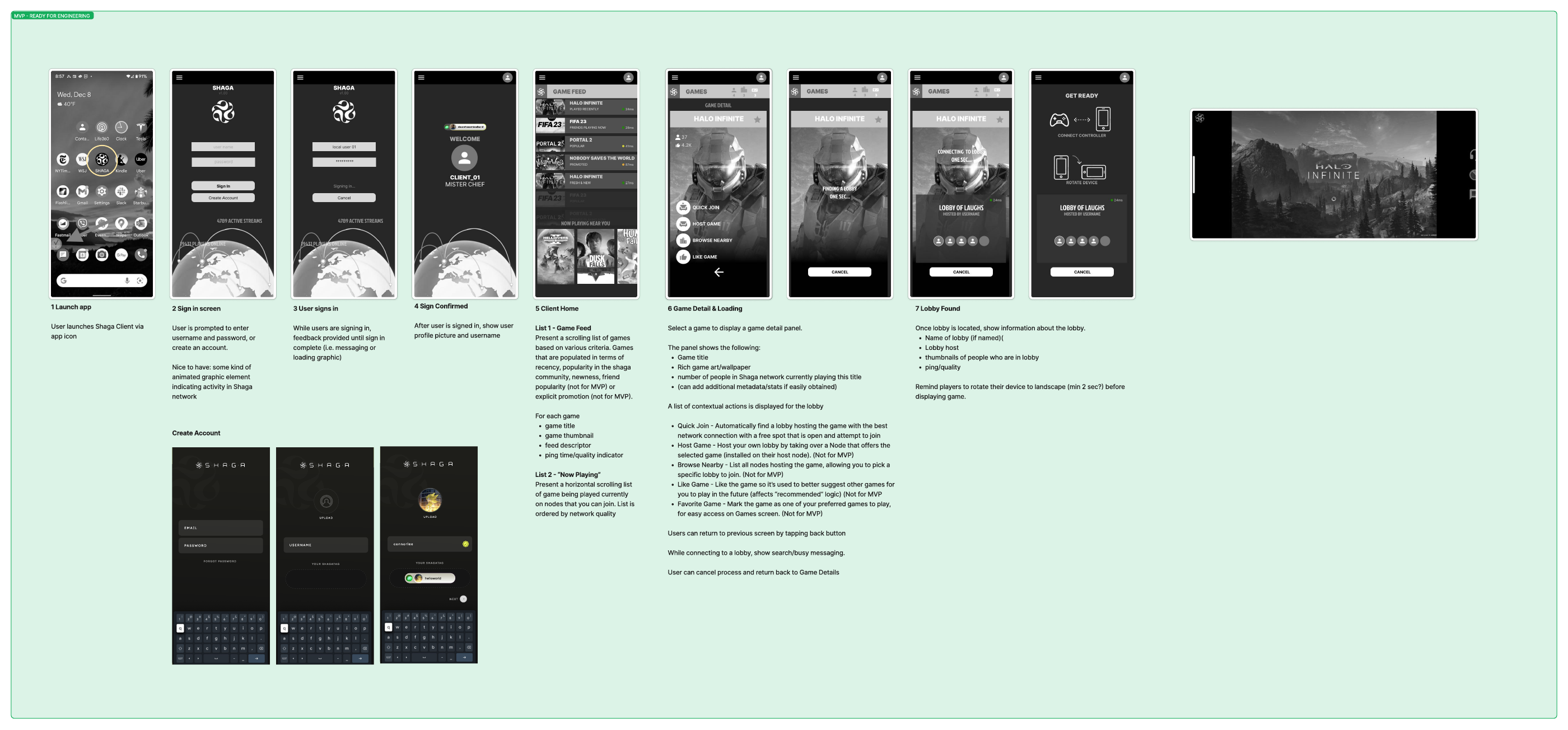 Shaga mobile streaming journey storyboard prepared for engineering