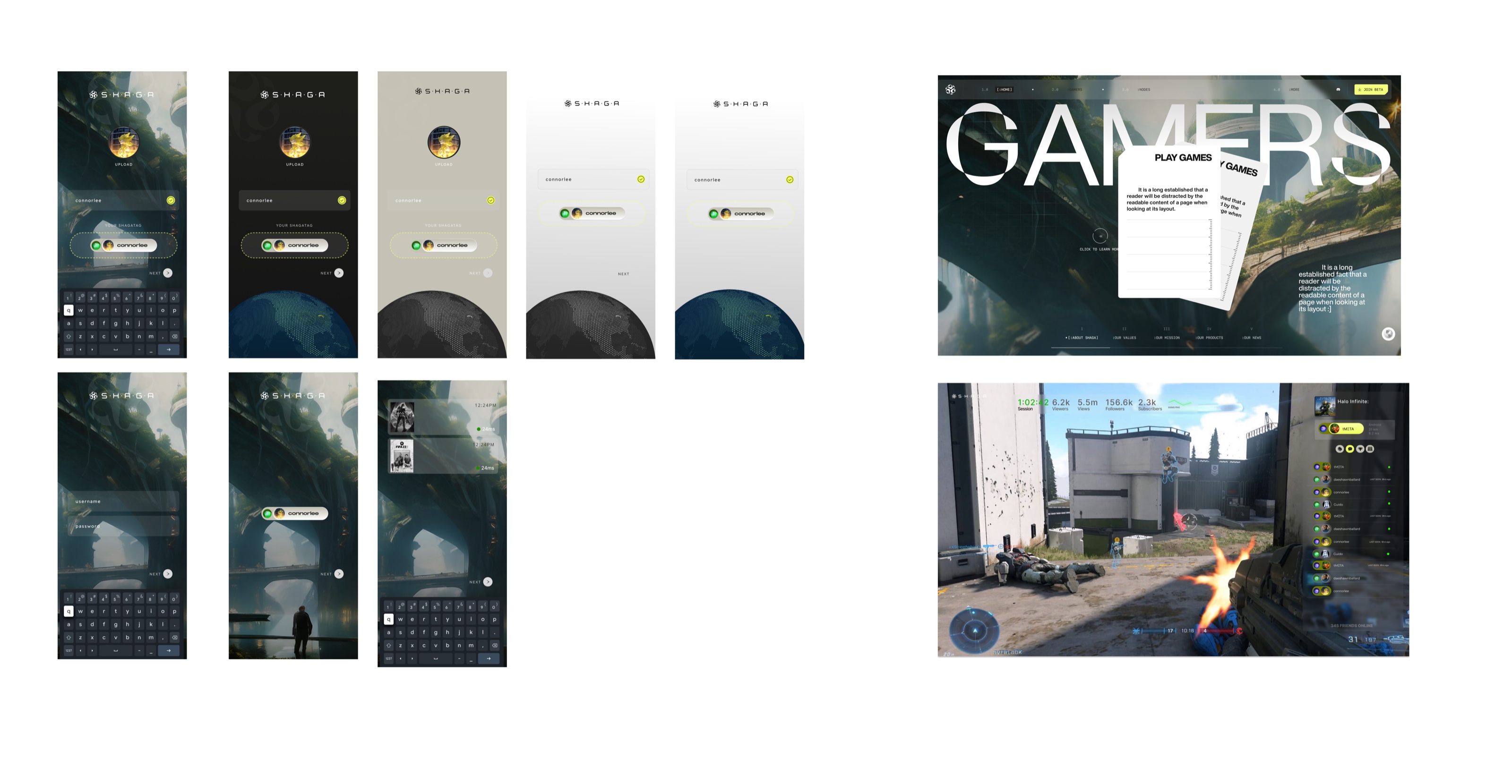 Shaga early mobile UI concepts across onboarding, identity, activity, web, and in-game social presence