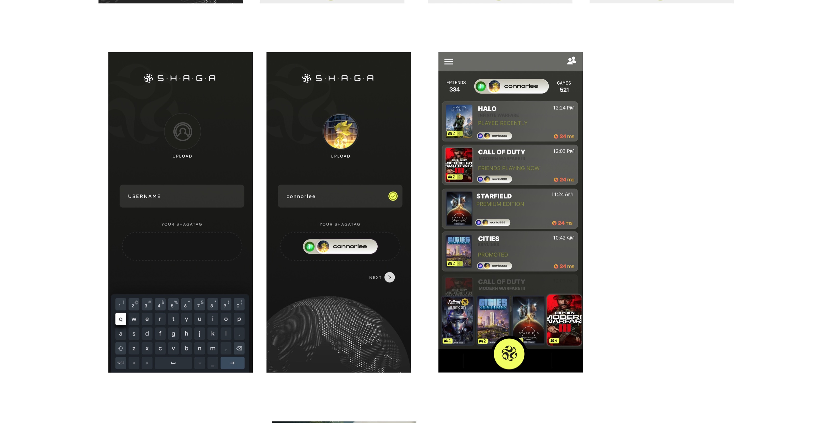 Shaga mobile visual direction studies across light, dark, and image-led treatments