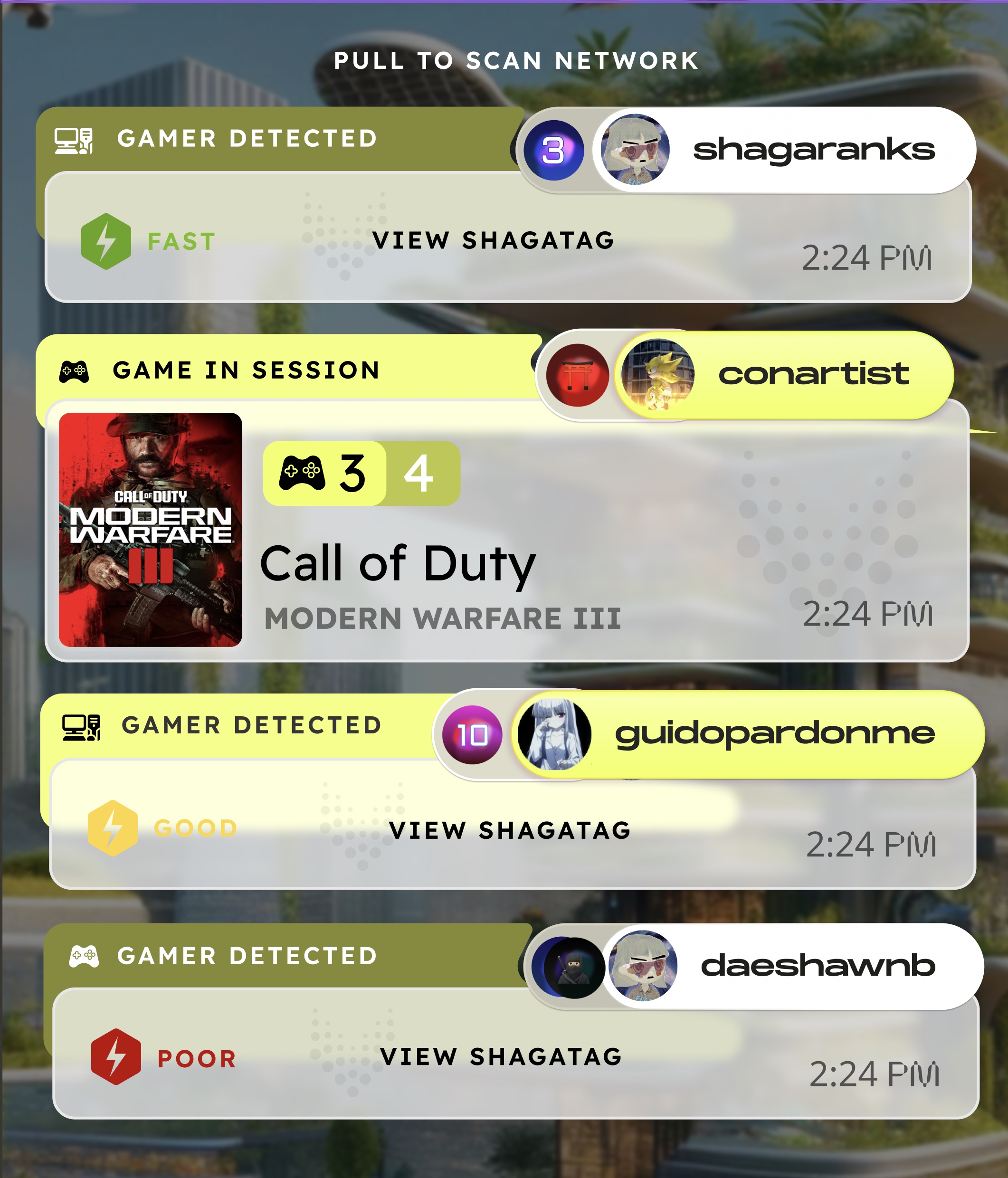 Shaga network scan exploration showing identity, game state, party capacity, and latency